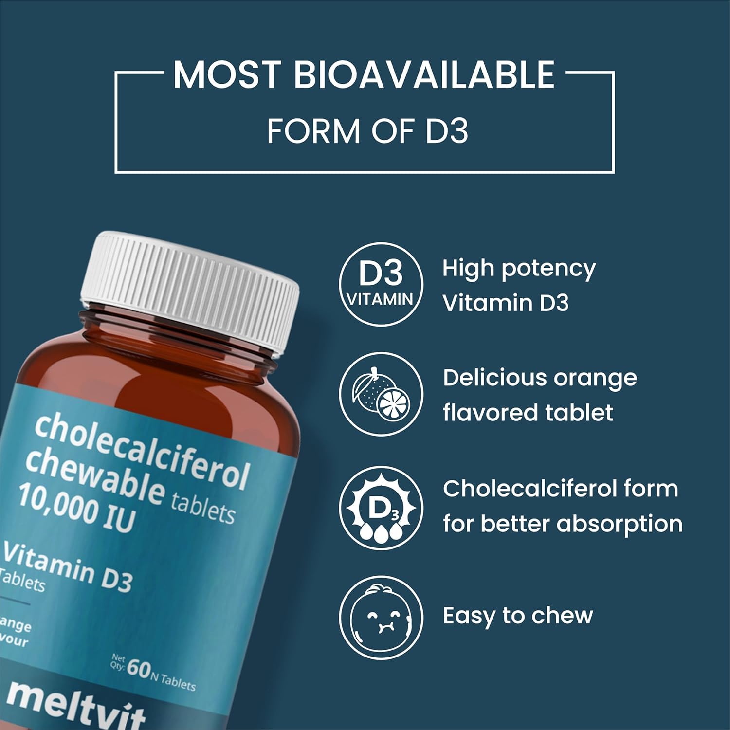 MELTVIT Chewable Vitamin D3 10000 IU - Cholecalciferol Vitamin D Supplement for Women & Men | Orange Flavour - 60 Tablets 1