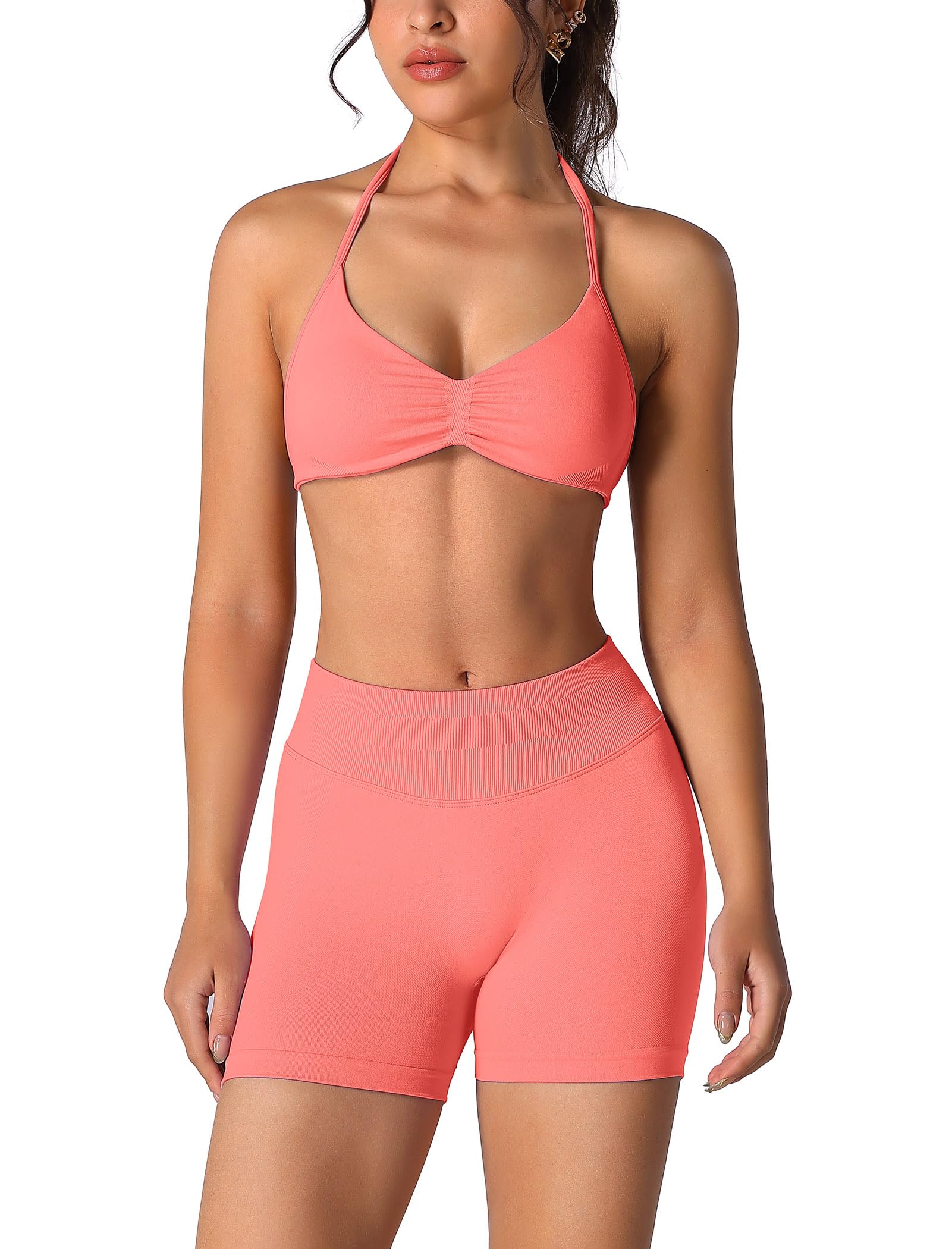 ABOCIW Womens Seamless Workout Sets 2 Piece Strappy Halter Sports Bra Scrunch Butt Shorts Gym Yoga Outfits