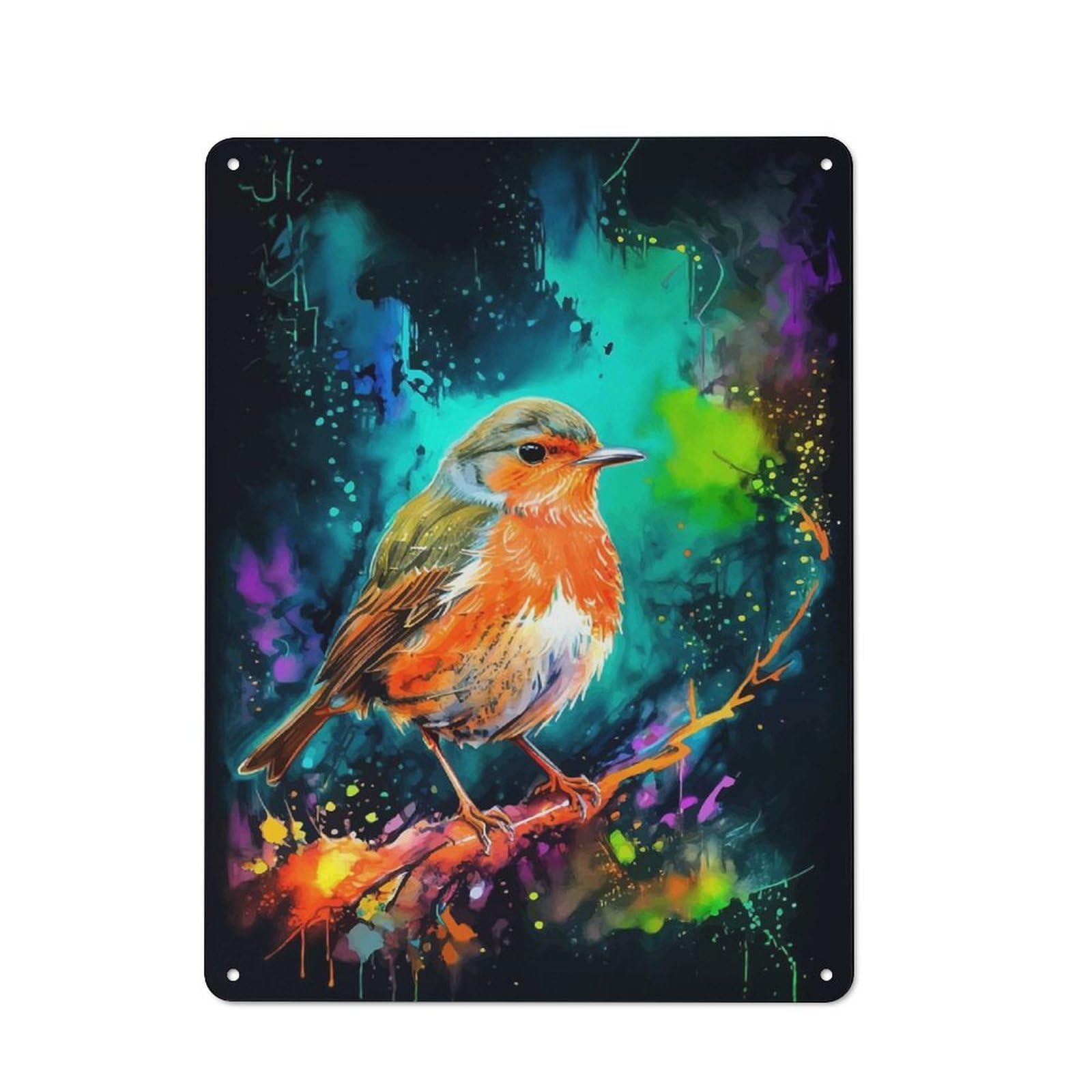 Vintage Metal Plaque 40x30cm Featuring Robin in Watercolor Splatter for Home Bar Wall, A Metal Wall Feature for Home Bars And Entertaining Spaces