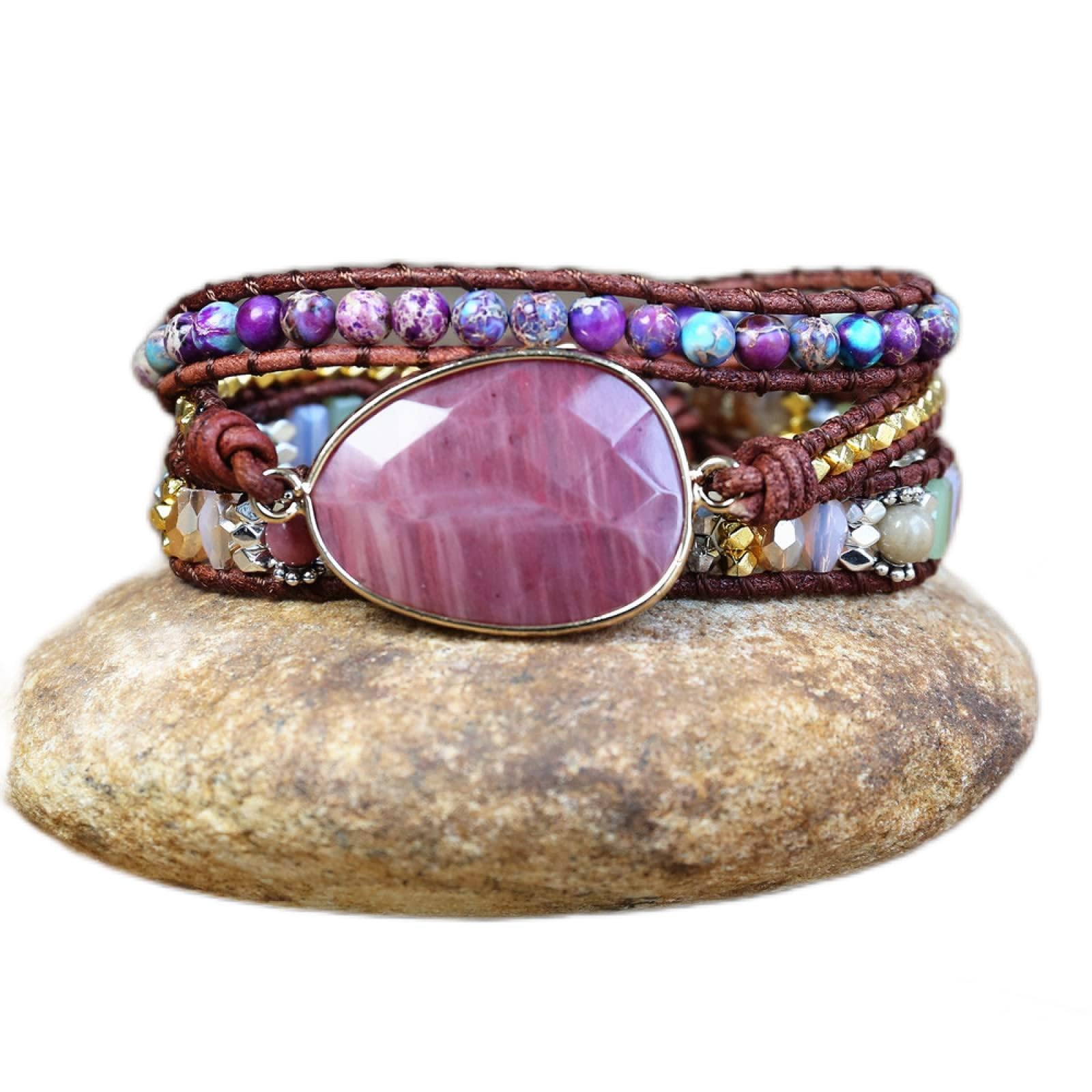 Pulsera de cuero exclusiva de 3 hebras de perlas de piedra natural de cristal