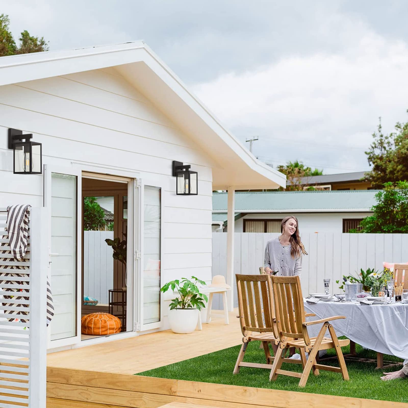 Zhizenl Outdoor Light Fixture, Porch Lights, Exterior Waterproof Wall Light Fixtures with E26 Base & Glass Shade, Anti-Rust Matte Black Lantern Wall Sconce for Patio Garage