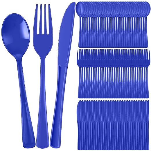 300 Pcs Plastic Silverware Heavy Duty Plastic Cutlery Set Plastic Utensils Set Includes 100 Disposable Spoons 100 Plastic Forks 100 Plastic Knives for Parties Catering Family Gathering (Royal Blue)