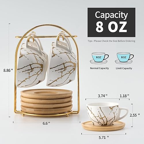 Miniatura 8 de LUKA Juego de 4 tazas de café expreso Demitasse de cerámica con platillos y soporte de metal, tazas de capuchino apilables de porcelana de 8 onzas