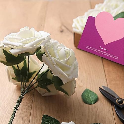Miniatura 4 de Rosas blancas artificiales, 24 rosas de espuma falsas de tacto real para ramos de bricolaje, bodas, fiestas, baby shower, decoración del hogar