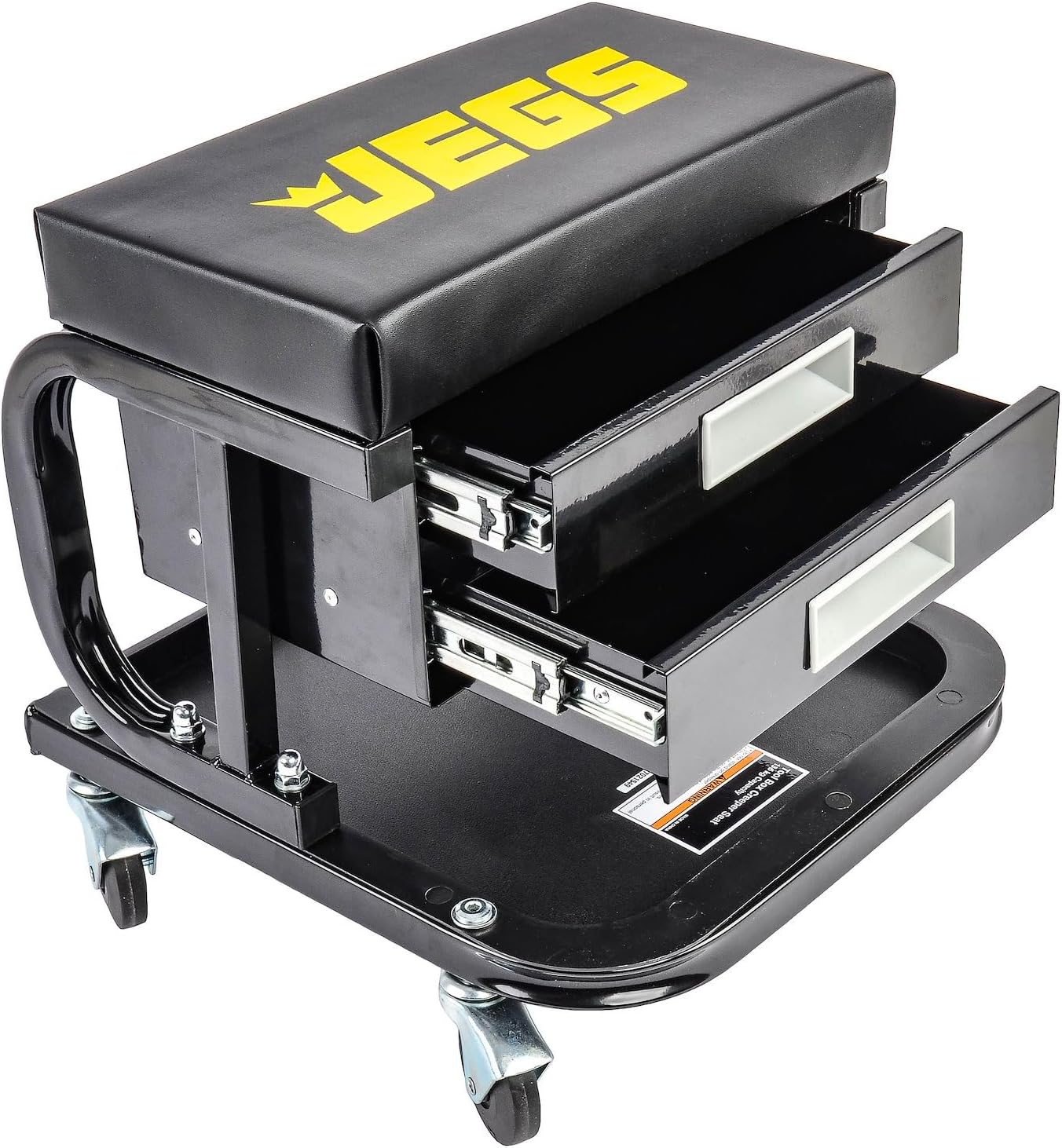 JEGS Mechanic Seat With Drawers and Tool Tray | 300 LBS Capacity | Black Finish with JEGS Logo | Padded Seat | 4 Caster Wheels
