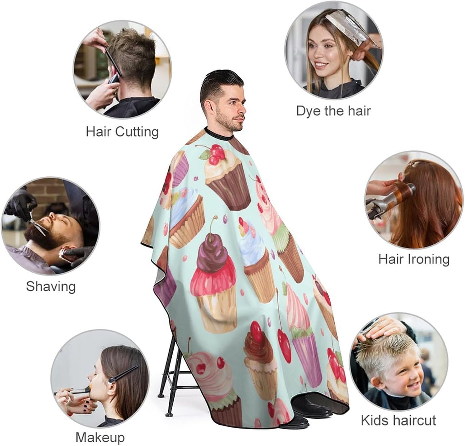 Cupcake Pattern Apron for Women Men,Barber Cape with Adjustable Snap Closure,Hair Cutting Cape,66.9 X 56.7 Inches for Hair Dye, Comb-out, Styling, Shampoo