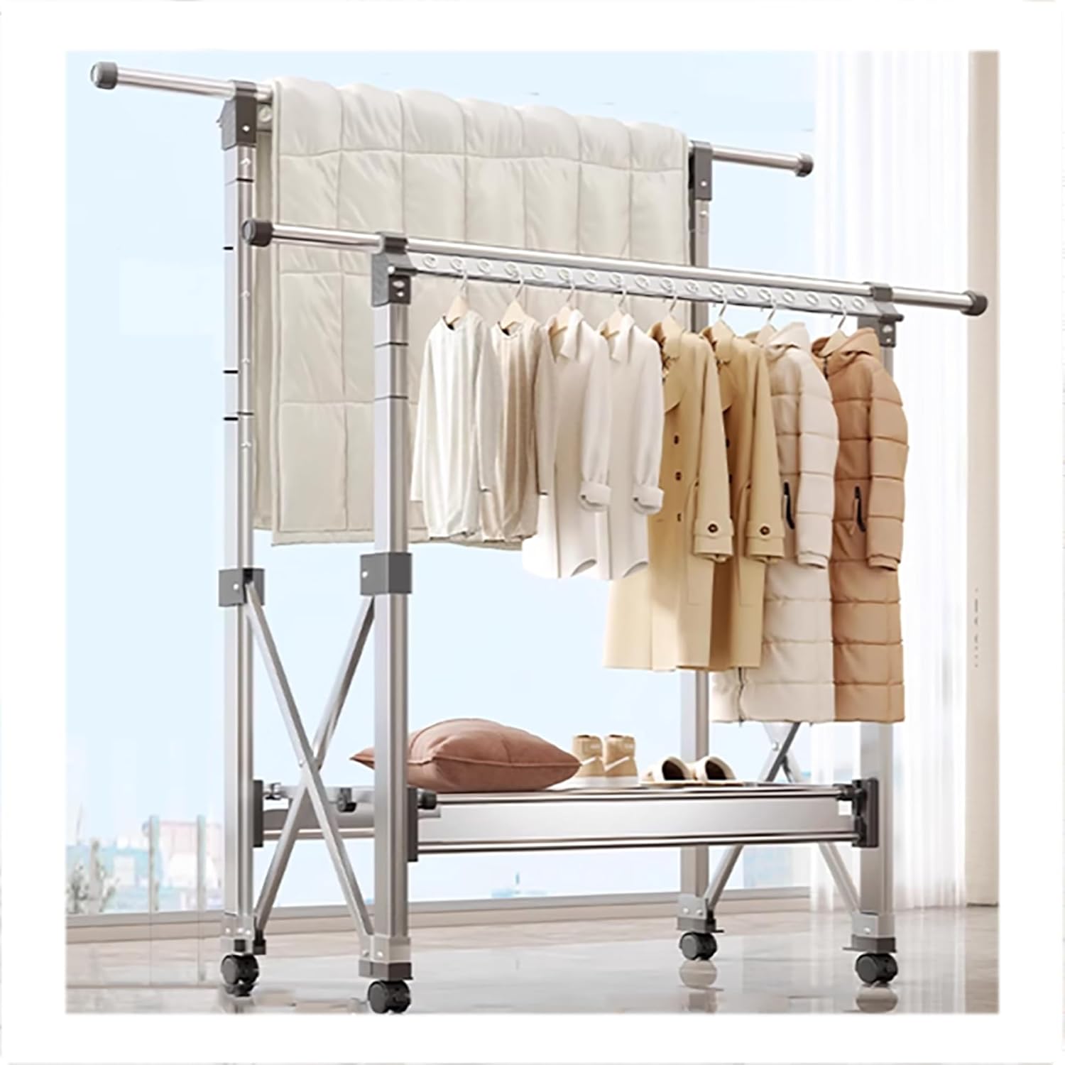 Heavy Duty 450LB Load Aluminum Clothes Drying Rack, Foldable Rolling Garment Rack, Height Adjustable & Extendable, Perfect for Blankets, Bed Sheets, Quilts & Coats,Silver,150~240x48x150~170CM