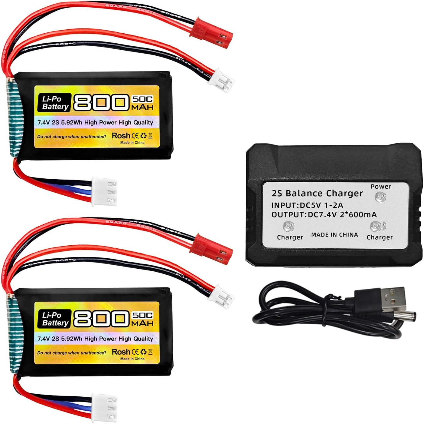 Fytoo 2PCS 7.4V LiPo 2S 50C 800mAh with JST and PH2.0 Plug with 2-in-1 Charger for SCX24 RC car Battery, Compatible with Most 1/10, 1/16, 1/18, 1/24 Scale RC car, Truck and RC Drone Batteries