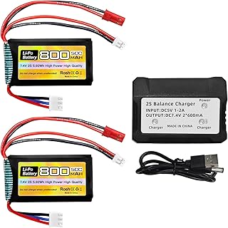 Fytoo 2PCS 7.4V LiPo 2S 50C 800mAh with JST and PH2.0 Plug Batteries with 1PCS 2-in-1 Charger for SCX24 RC Car, Compatible with Most 1/10, 1/16, 1/18, 1/24 Scale RC Car, Truck and RC Drone