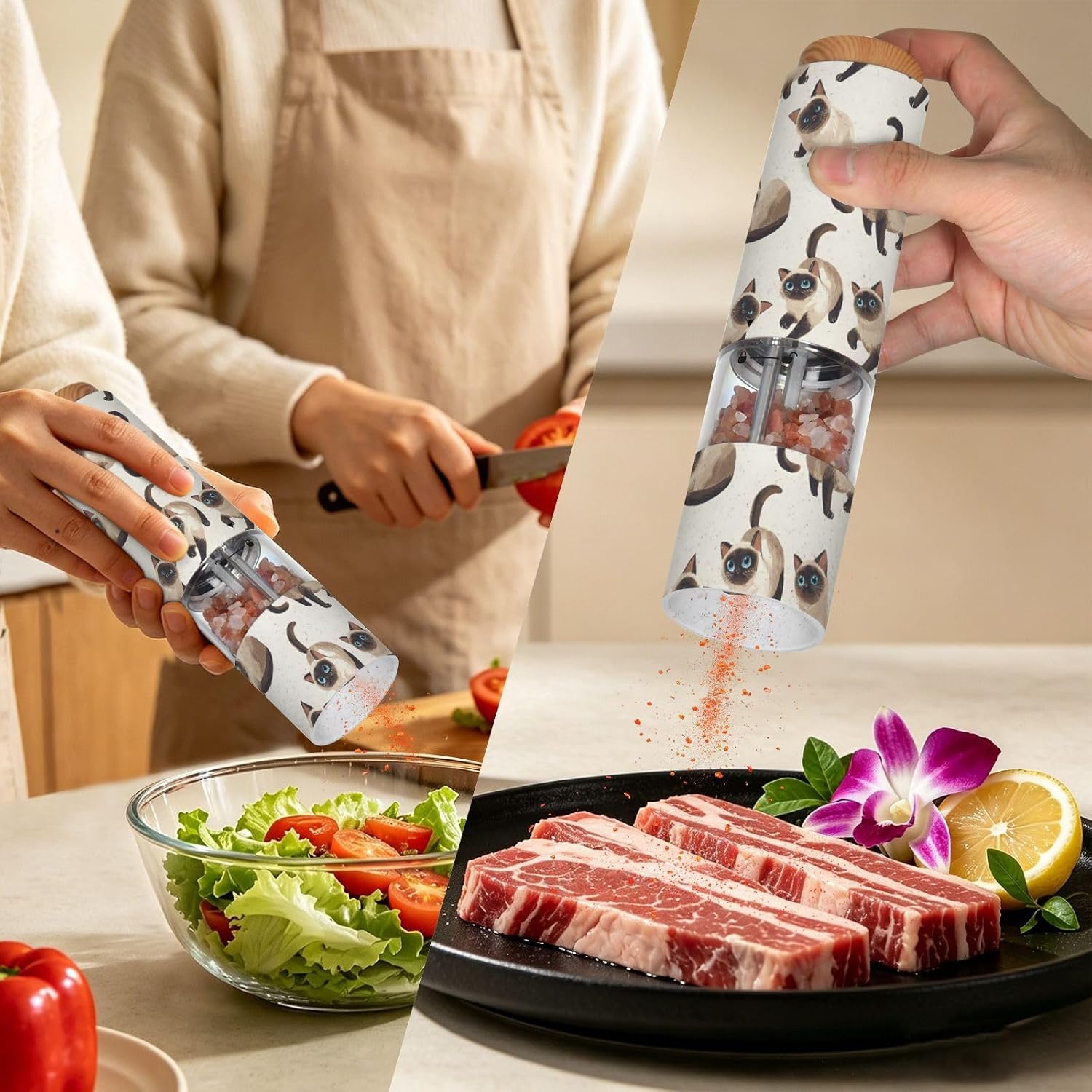 ALAZA Electric Pepper Grinder with Adjustable Coarseness, Happy Siamese Cats with Pattern Battery Automatic Salt and Pepper Mill with Led, One-Handed Operation Spice Grinder for Kitchen, Camping & BBQ