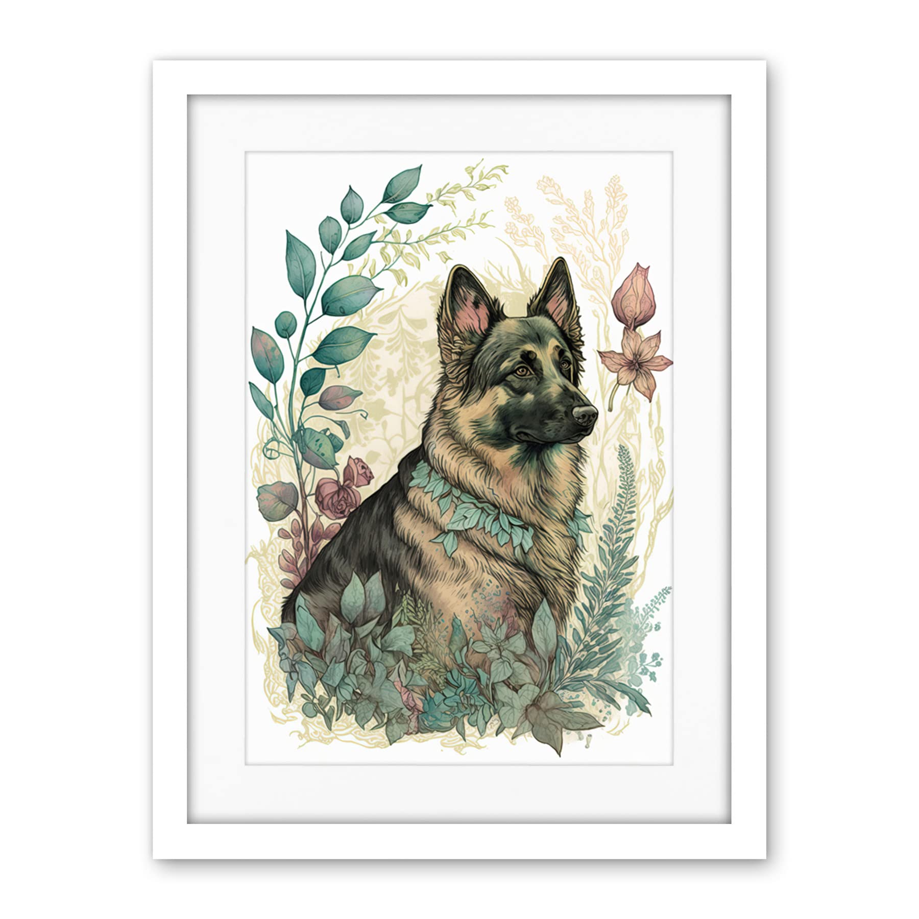 Artery8 German Shepherd Dog with a Leaf Collar Spring Field Boho Pastel Watercolour Illustration Artwork Framed Wall Art Print 18X24 Inch