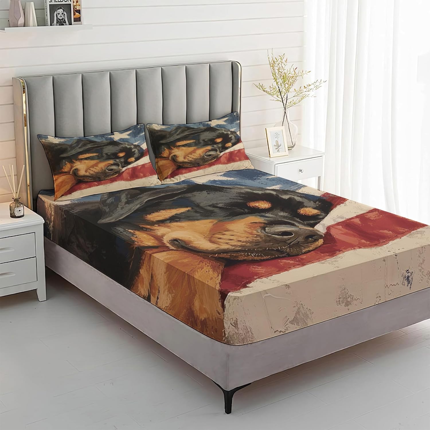 Rottweiler Sheets Twin Size - Dog Lover Bed Sheets - Soft Microfiber Sheet & Pillowcase Sets 3 Piece with 16 Inch Deep Pocket - Puppy Patterned Bedding Decor