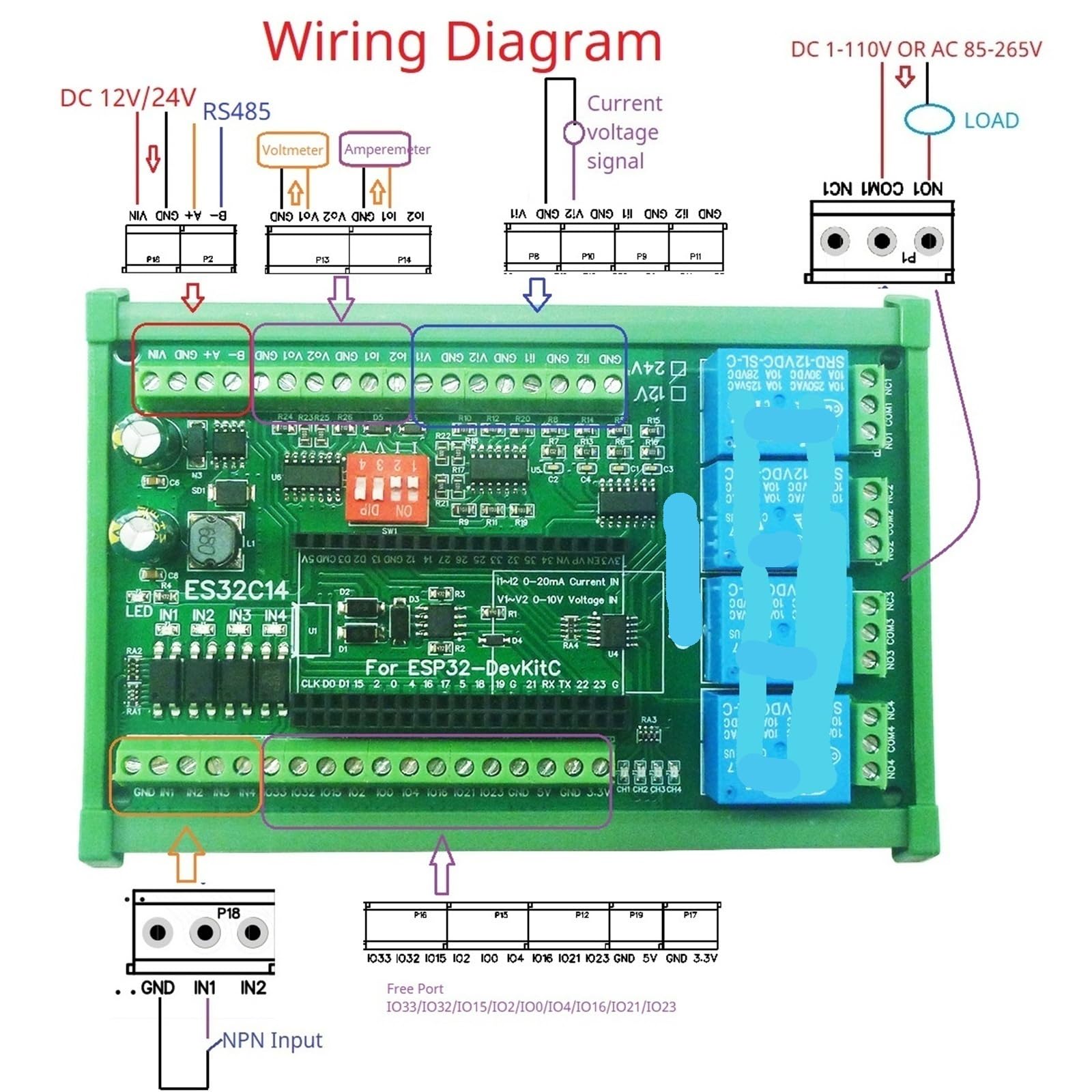 DC 12 V 24 ESP32 karta rozszerzeń ES32C14 moduł do PLC Smart Home IOT DIY cyfrowy analogowy DAC ADC IO Przekaźnik Switch18