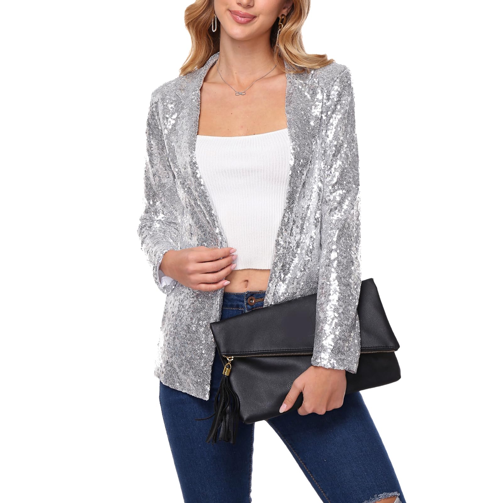 Blazer à paillettes pour femme - Manches longues - Ouvert - Pour fête - Cardigan - Vêtement d'extérieur - Décontracté