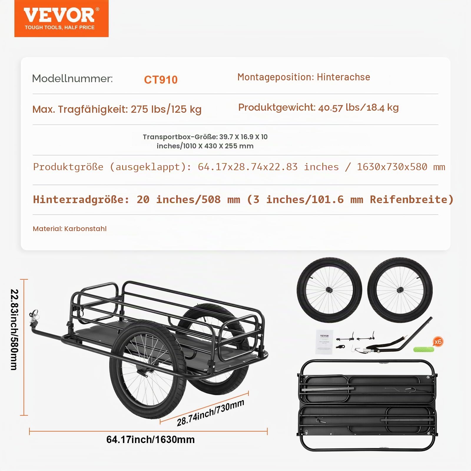 VEVOR Fahrradanhänger, 125 kg Tragkraft, Transportanhänger, faltbar und verstaubar, Schnellverschluss mit Universalkupplung, 50,8 cm Räder, passend für die meisten Fahrradräder, Rahmen aus Karbonstahl