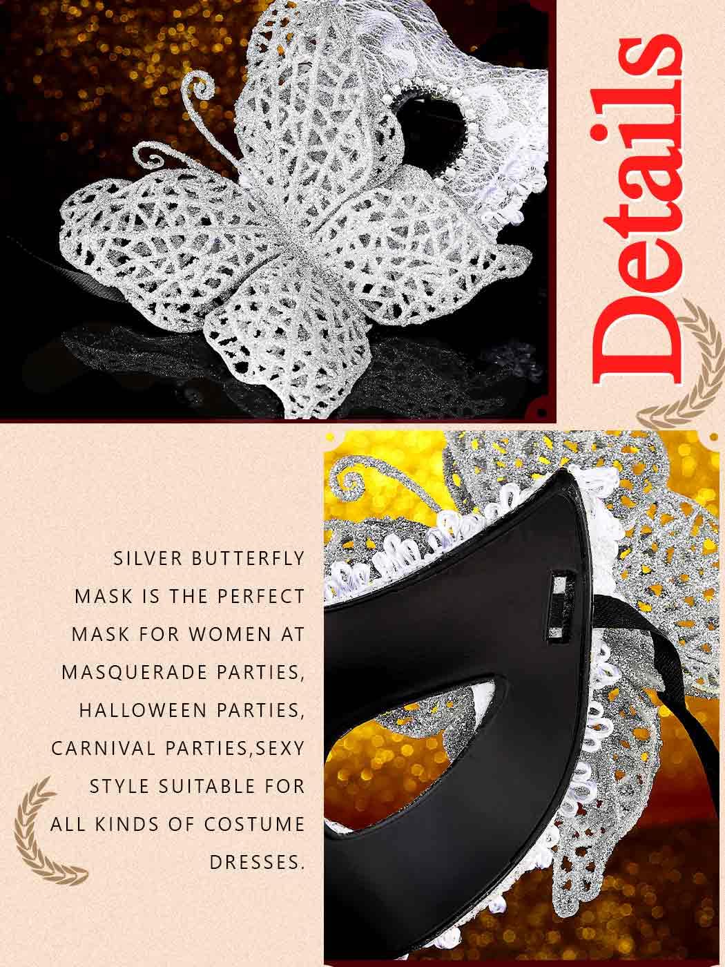 Jovono Butterfly Masquerade Masks Lace Venetian Masks Halloween Cosplay Costume Mask for women (Silver) - Image 4