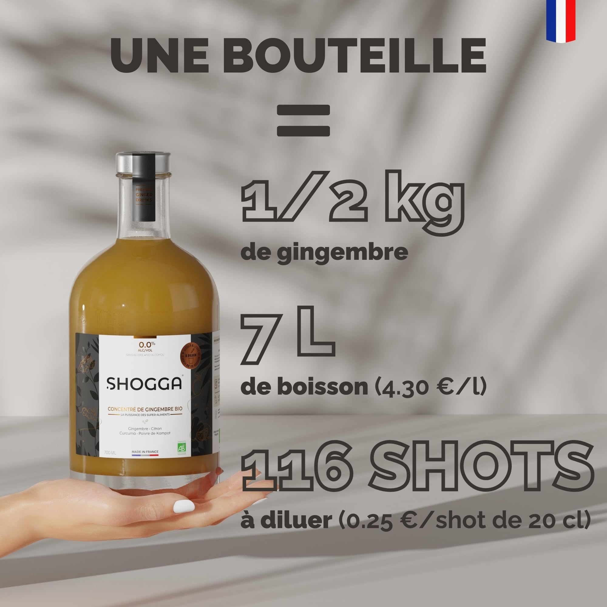 SHOGGA Concentrado de Jengibre Ecológico 200 ml Bebida Premium sin Alcohol 12 Superalimentos