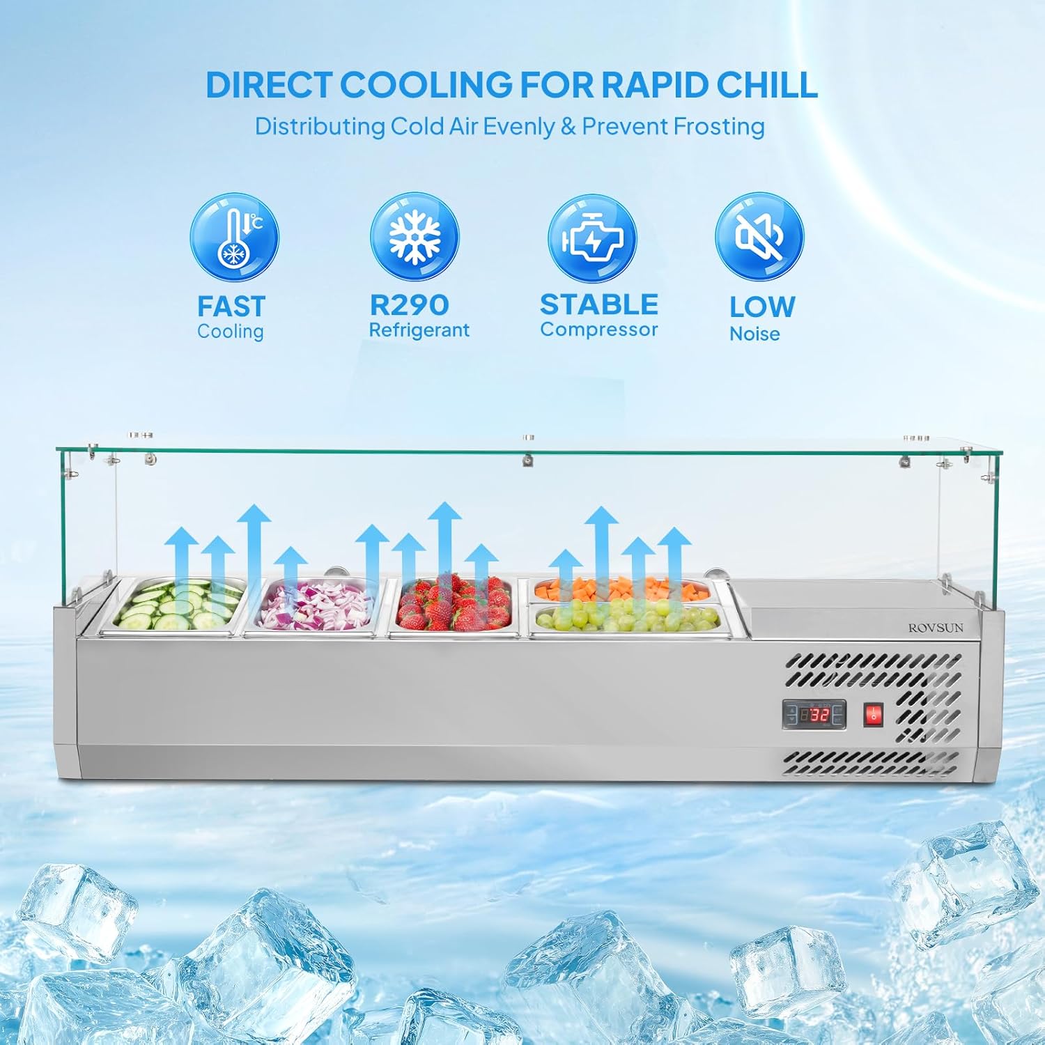 ROVSUN 47" Refrigerated Condiment Prep Station ETL NSF, 25.1QT Sandwich Prep Table Salad Bar Prep Rail w/Auto Defrost Temp Control Glass Shield 3 1/3 Pan & 2 1/4 Pan for Restaurant Food Truck