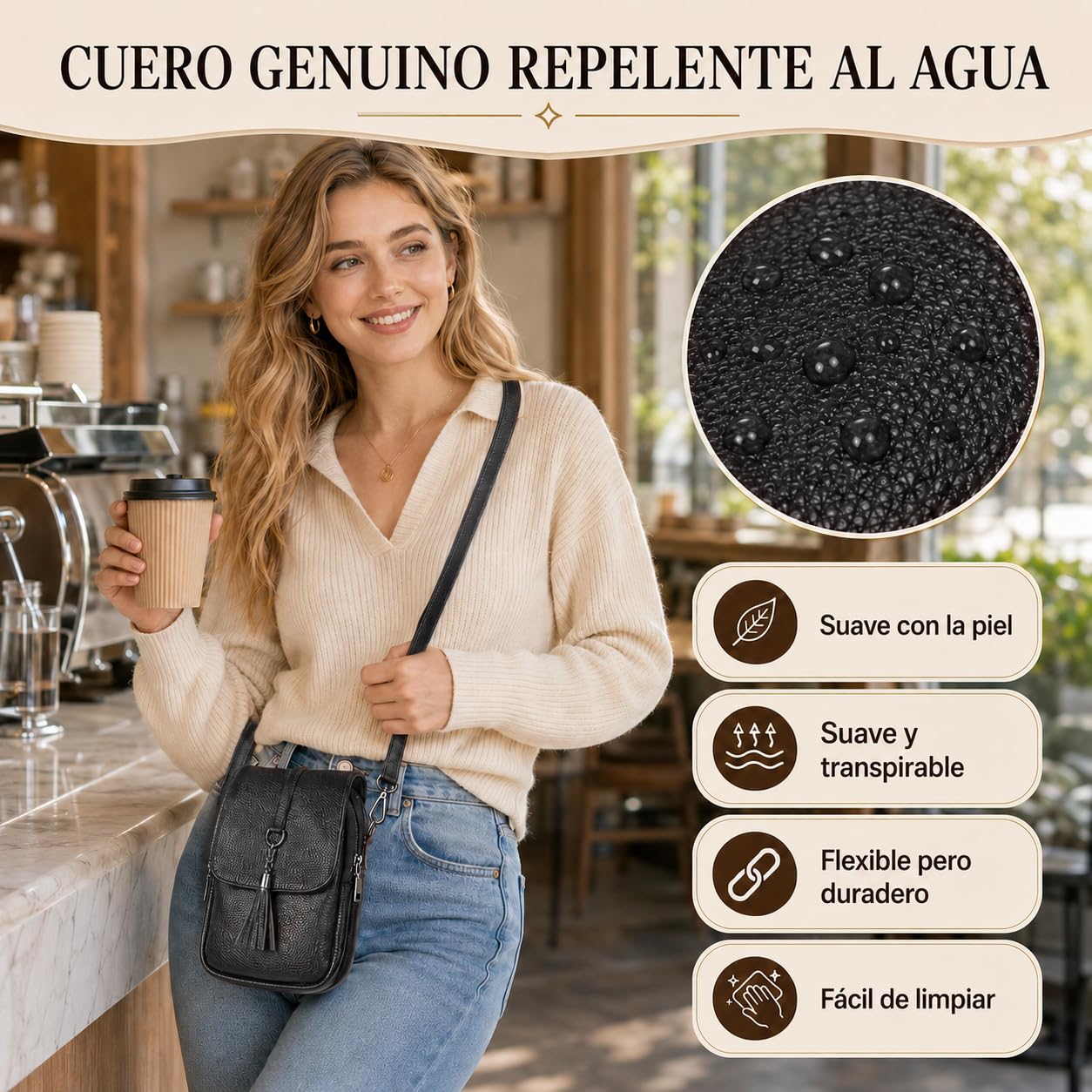Bolso Movil Mujer de Piel Auténtica, Bolsitos para Moviles, Bolso Bandolera Pequeño Mujer Antirrobo con Cremallera Antirrobo y Bloqueo RFID para Viaje, Compras, Colegio, Trabajo y Uso Diario