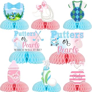Golf Ball Gender Reveal Decorations, 8pcs Putters or Pearls Gender Reveal Honeycomb Centerpiece Double-sided Printing Table Decorations for Golf Theme He or She Gender Reveal Party Supplies