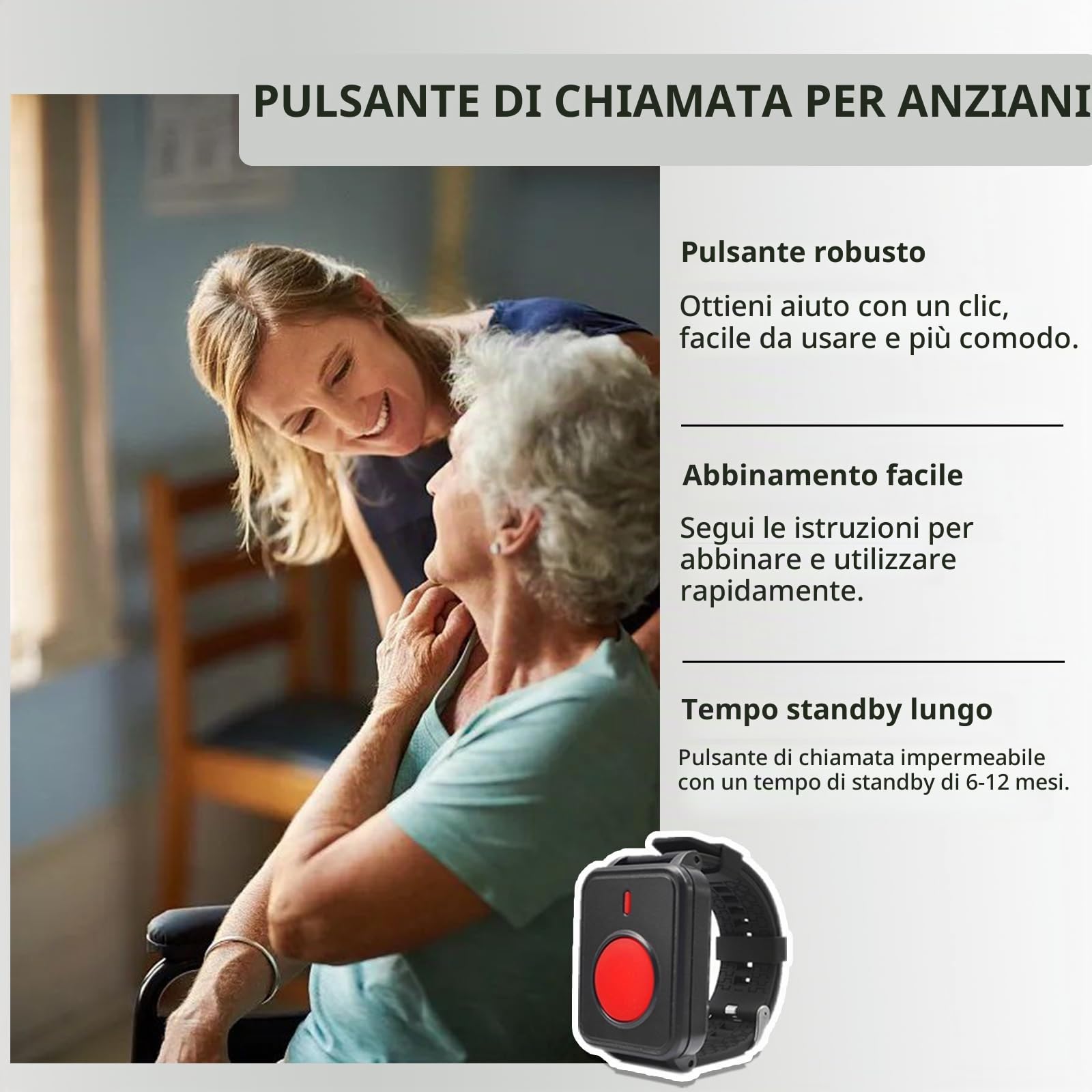 Pulsante Salvavita Anziani Senza Fili Pulsante Emergenza Cercapersone per Anziani Sistema Allarme per Monitoraggio Casa/Pazienti/Disabili con 1 Display Cicalino + 2 Polso Pulsanti