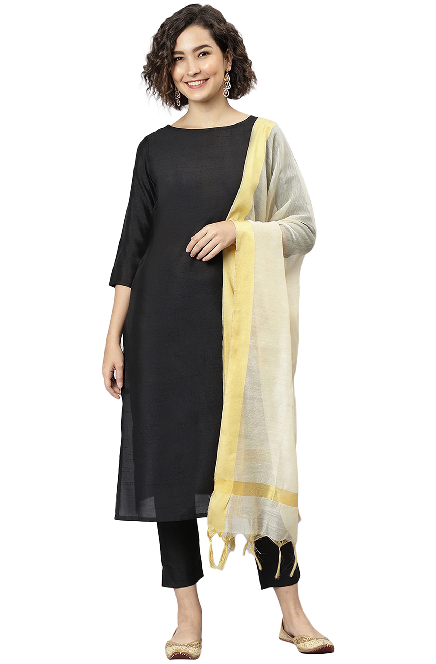 JanasyaIndian Women's Black Poly Silk Solid Kurta with Pant and Dupatta