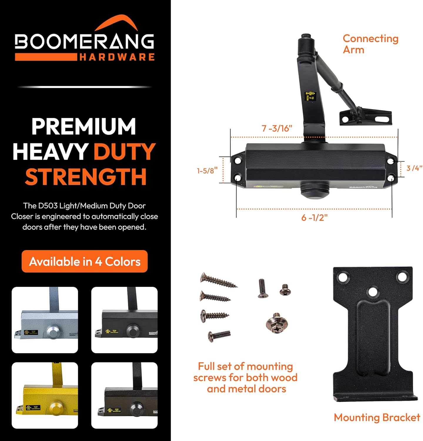 Boomerang Light/Medium Duty Residential & Light Commercial Auto Door Closer -D503 Surface Mounted, Cast Aluminum Closer, Adjustable Closing, Grade 2 & UL 3 Hour Fire Rated, Matte Black (US19)