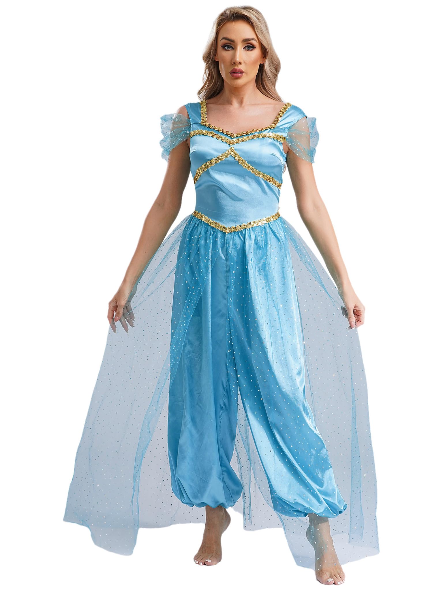 Runhomal Women's Arabian Princess Costume India Fancy Dress Performance Belly Dance Outfits Lake Blue L