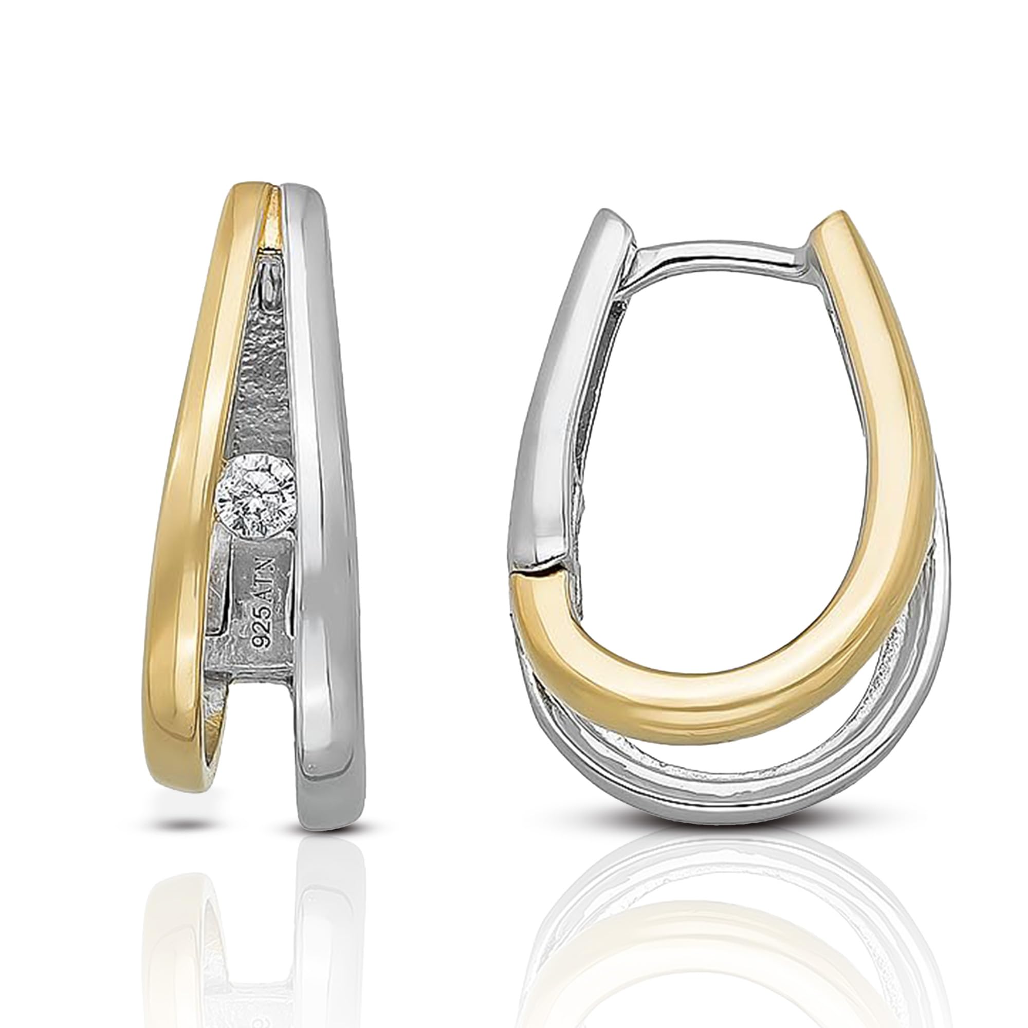 CASSINI Bicolor Ohrringe Silber 925 – Silber-Goldene Creolen Silber 925 Mittelgroß mit Zirkonia aus Sterling Silber, Rhodiniert mit Scharnier, Ohrringe Allergiefrei, ca. 13mm, Nickelfreier – 3CAL