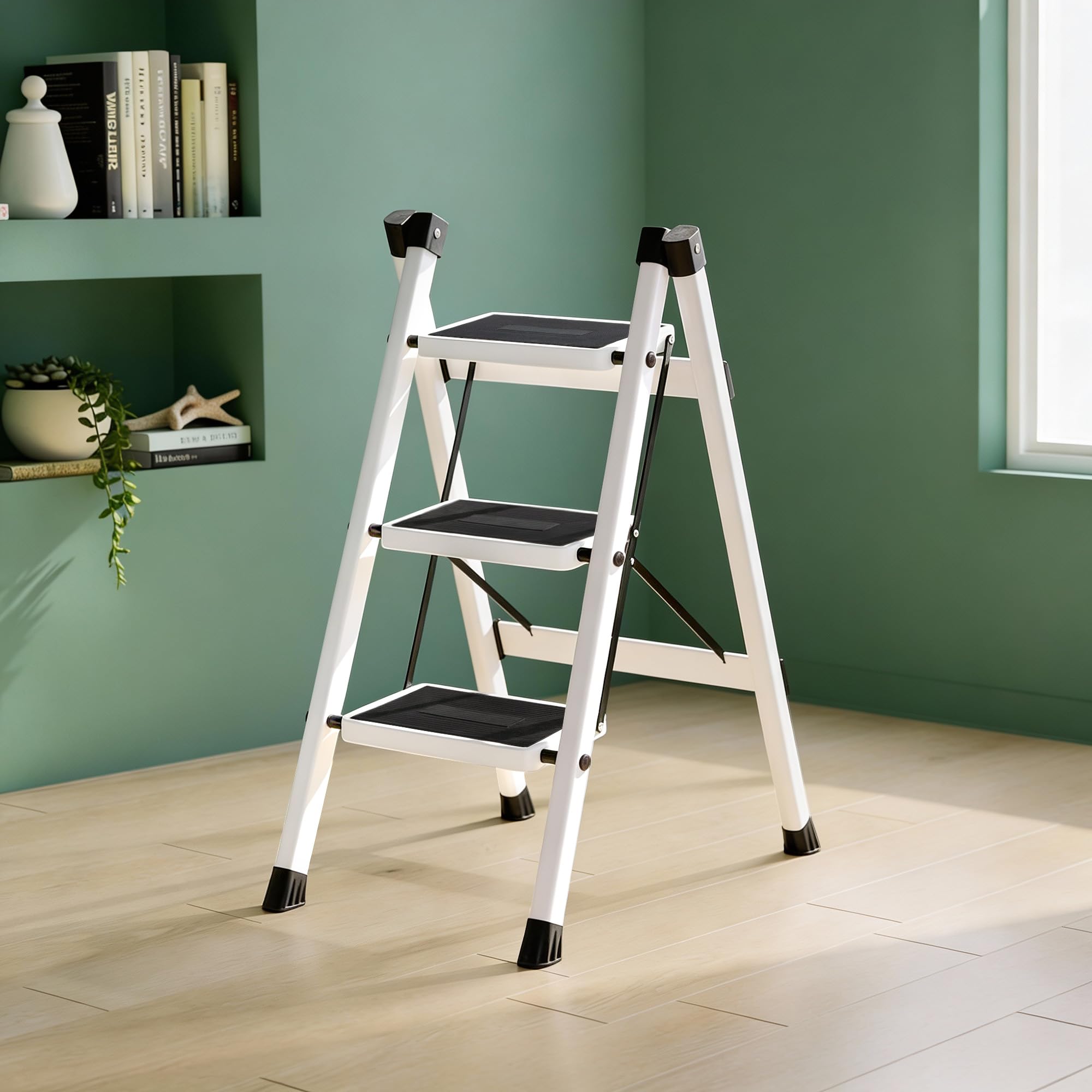 Plantex Ladder for Home/GI Steel Foldable Step Ladder/Wide Anti Slip 3 Step Ladder - (White & Black)