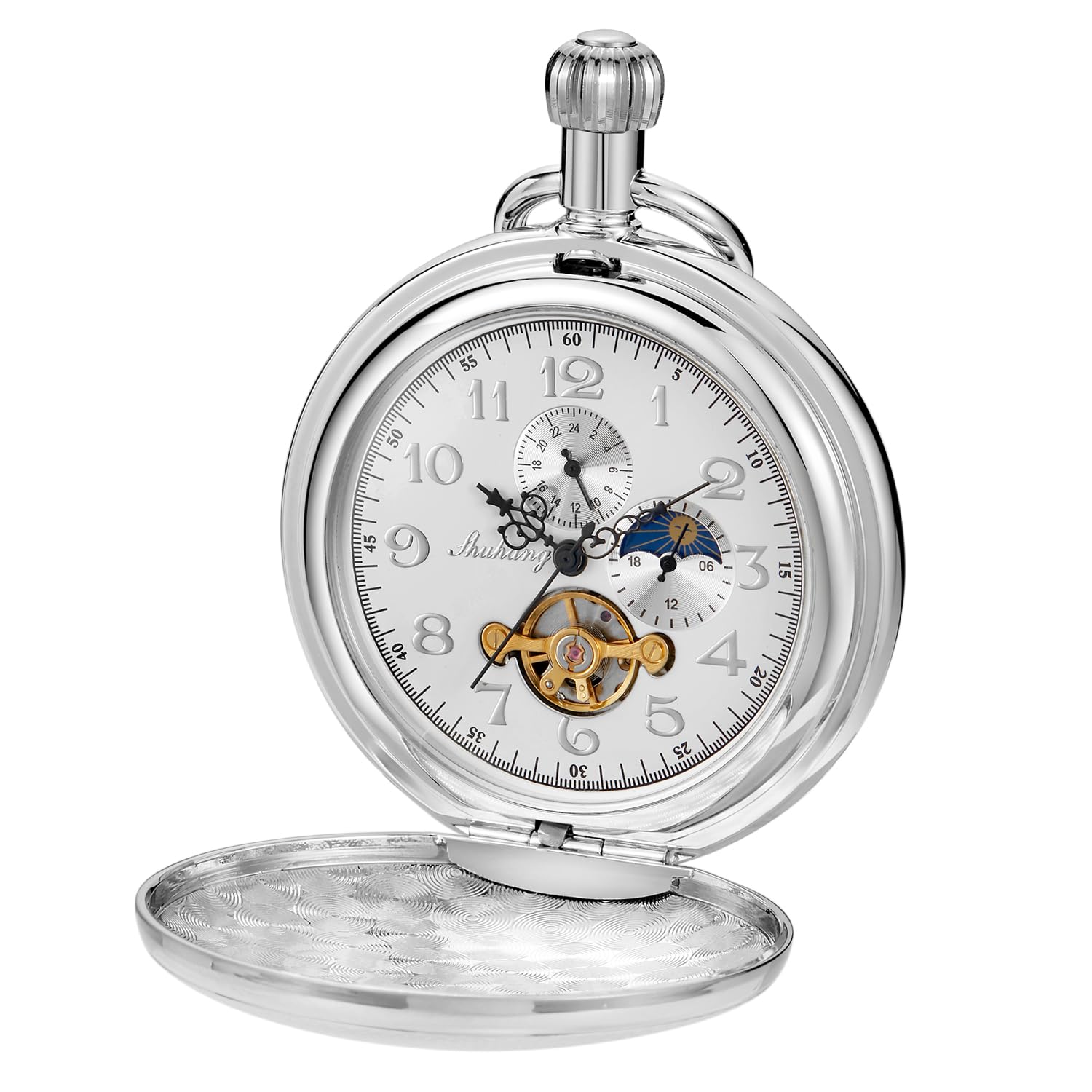 Realpoo Silver Single Open Case Mens Mechanical Pocket Watch, Arabic Numeral Scale Mechanical Pocket Watches for Men, with Gift Box and Chain for Fathers Day Gifts, SWQ-113 (B0C4T22K8B) Amazon Price History, Amazon Price Tracker