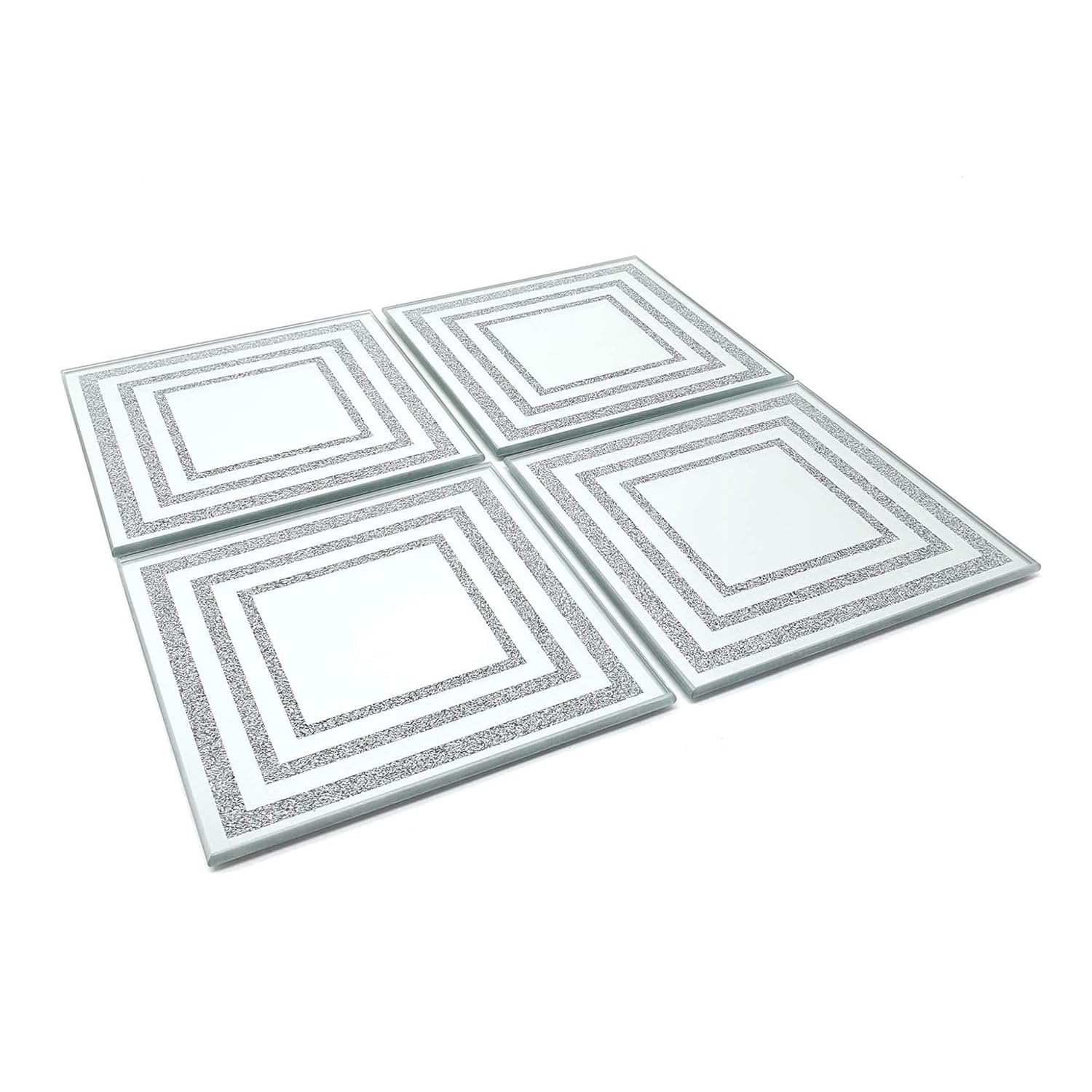 Biznest Line Center Glitter Set Of Coasters 10X10Cm Placemat 22X29Cm & Center Plate 20cm Glass Mirrored Sparkle Dining Table Mats Kitchen Luxurious (4 Coasters)