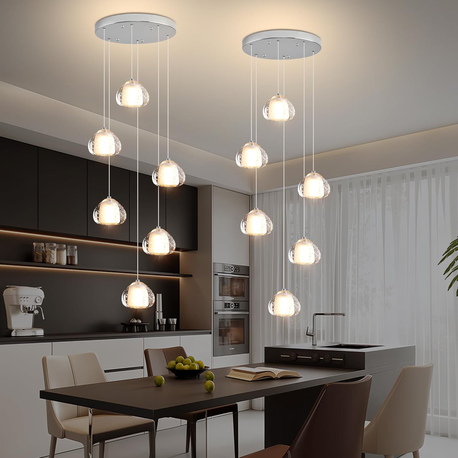 Chrome Crystal Chandeliers for Kitchen Island 6-Lights, Modern Indoor LED Bubble Pendant Light Fixture for Dining Room Foyer Entryway