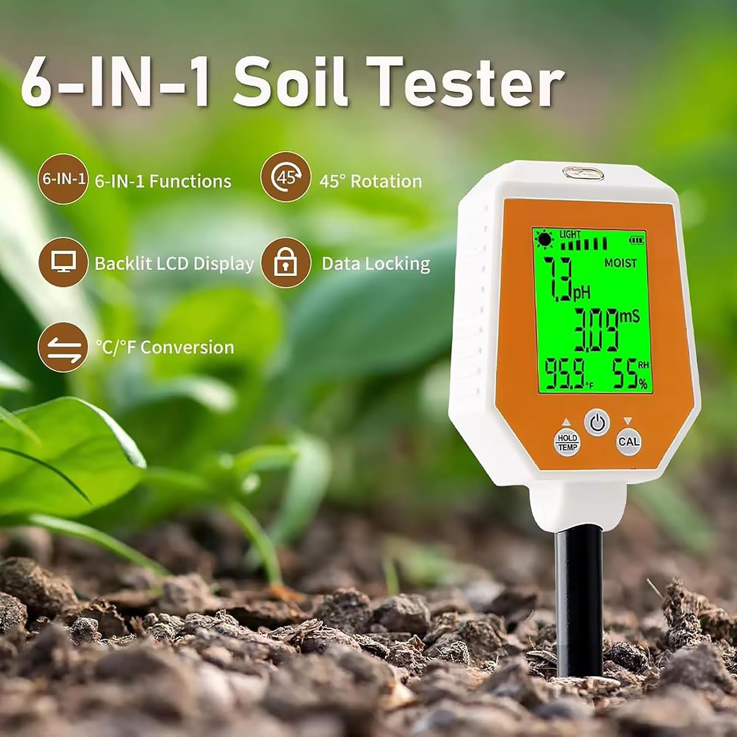Medidor de suelo for plantas, medidor digital de humedad del suelo con medidor de pH/CE/luz/temperatura/humedad del aire, medidor de pH de conductividad del suelo de alta precisión for plantas