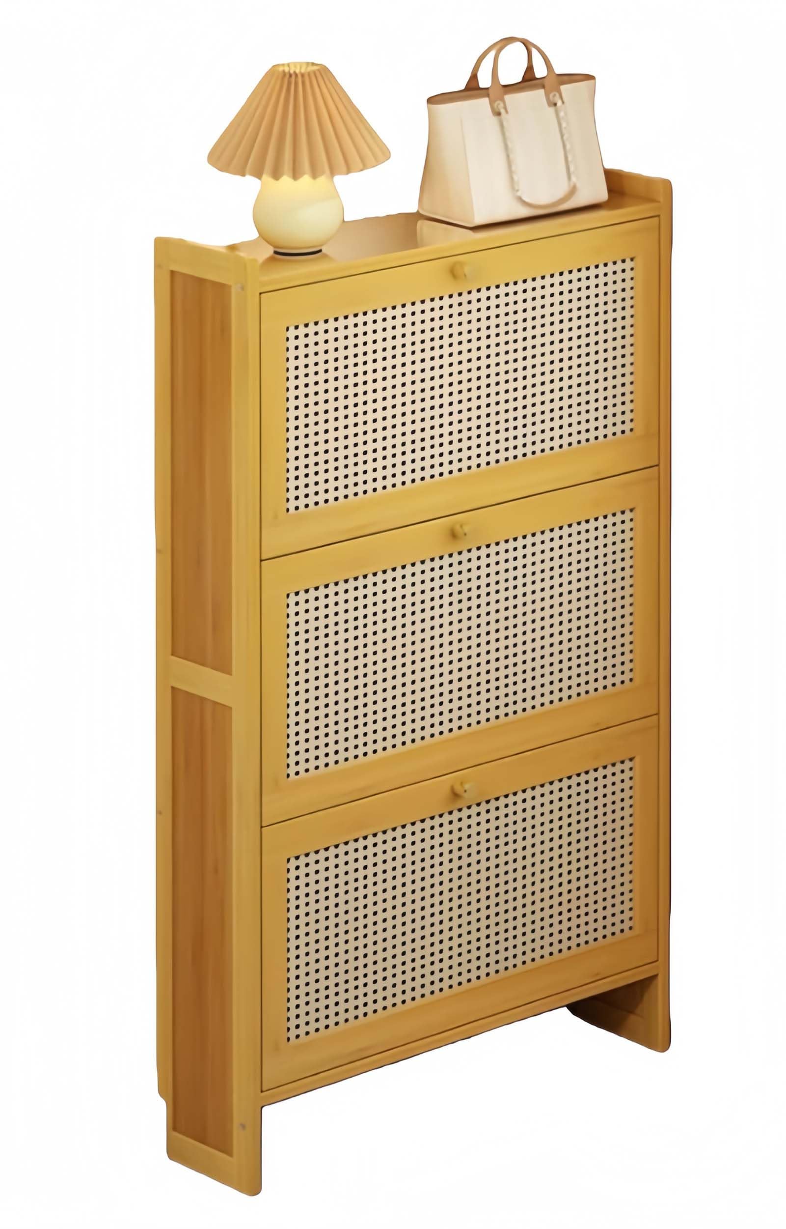 WHGURVH Modern Narrow Shoe Rack Rattan & Wood Entryway Storage Slim Shoe Cabinet for Hallway Stylish Shoe Orga for Entryway SpaceSaving Rack.(70CM,B)