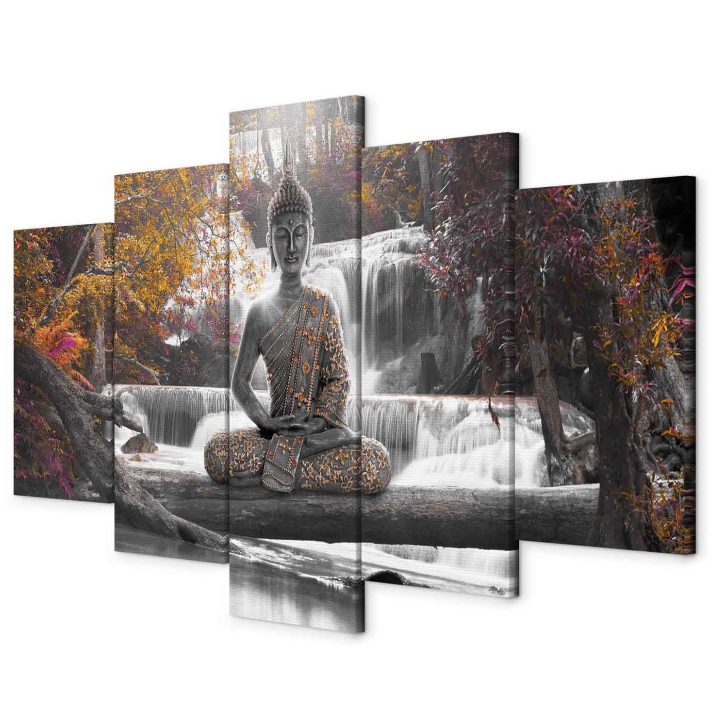 Cuadros B&D XXL - Cuadro en Lienzo Buda Buddha 200x100 cm 5 Piezas - Cuadros decorativos Decoracion Decorativo para Pared modernos dormitorios impresión artística - Oriente Zen Cascada c-A-0021-b-p