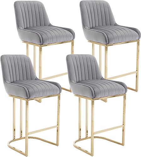 Miniatura 28 de Juego de 2 taburetes de bar de terciopelo beige de 26 pulgadas, modernos taburetes de mostrador con respaldo/patas doradas, sillas de bar tapizadas,