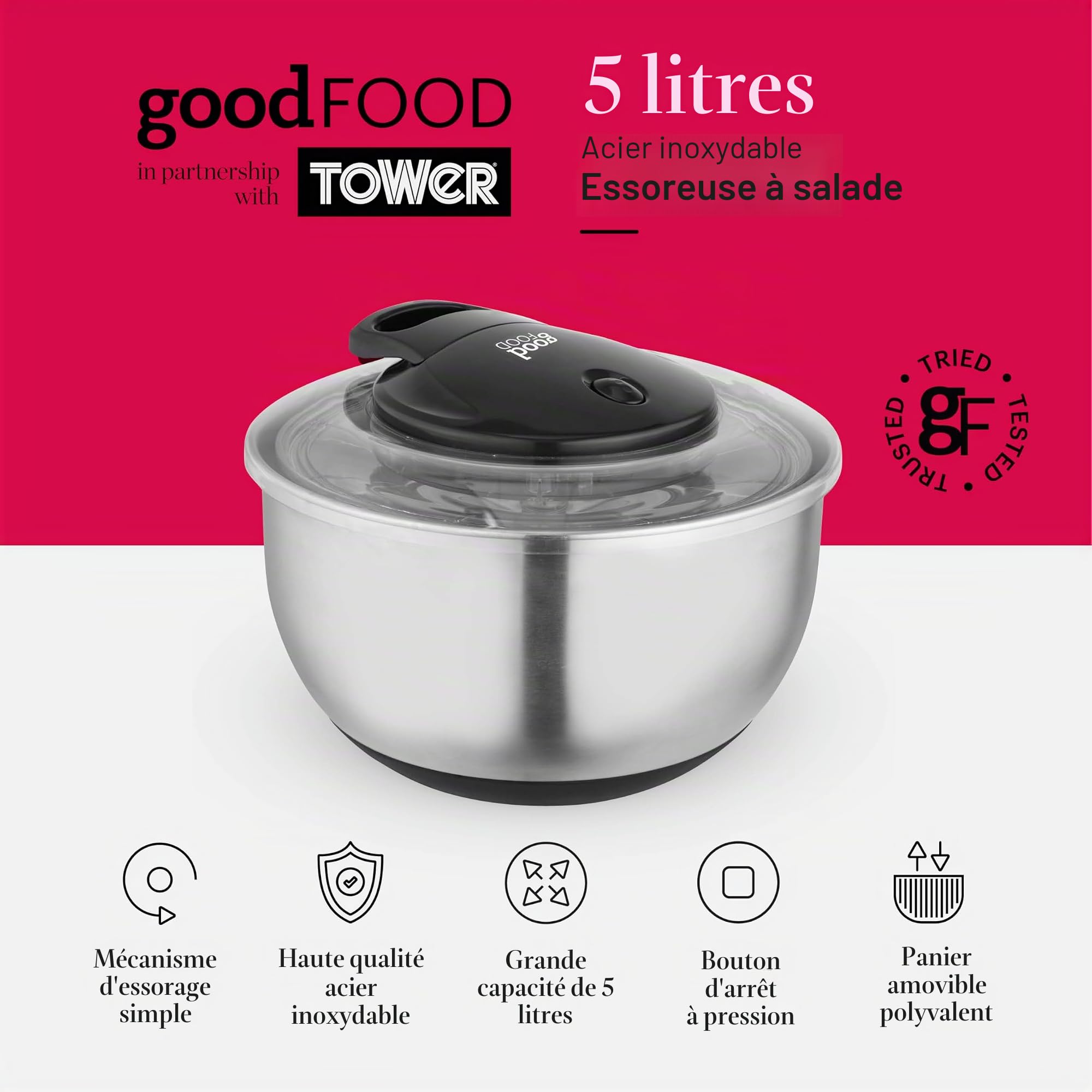 Good Food GF847071 Essoreuse à salade Tower avec panier amovible, cordon de tirage facile, bouton d'arrêt et base antidérapante, 5 litres, en acier inoxydable, argenté