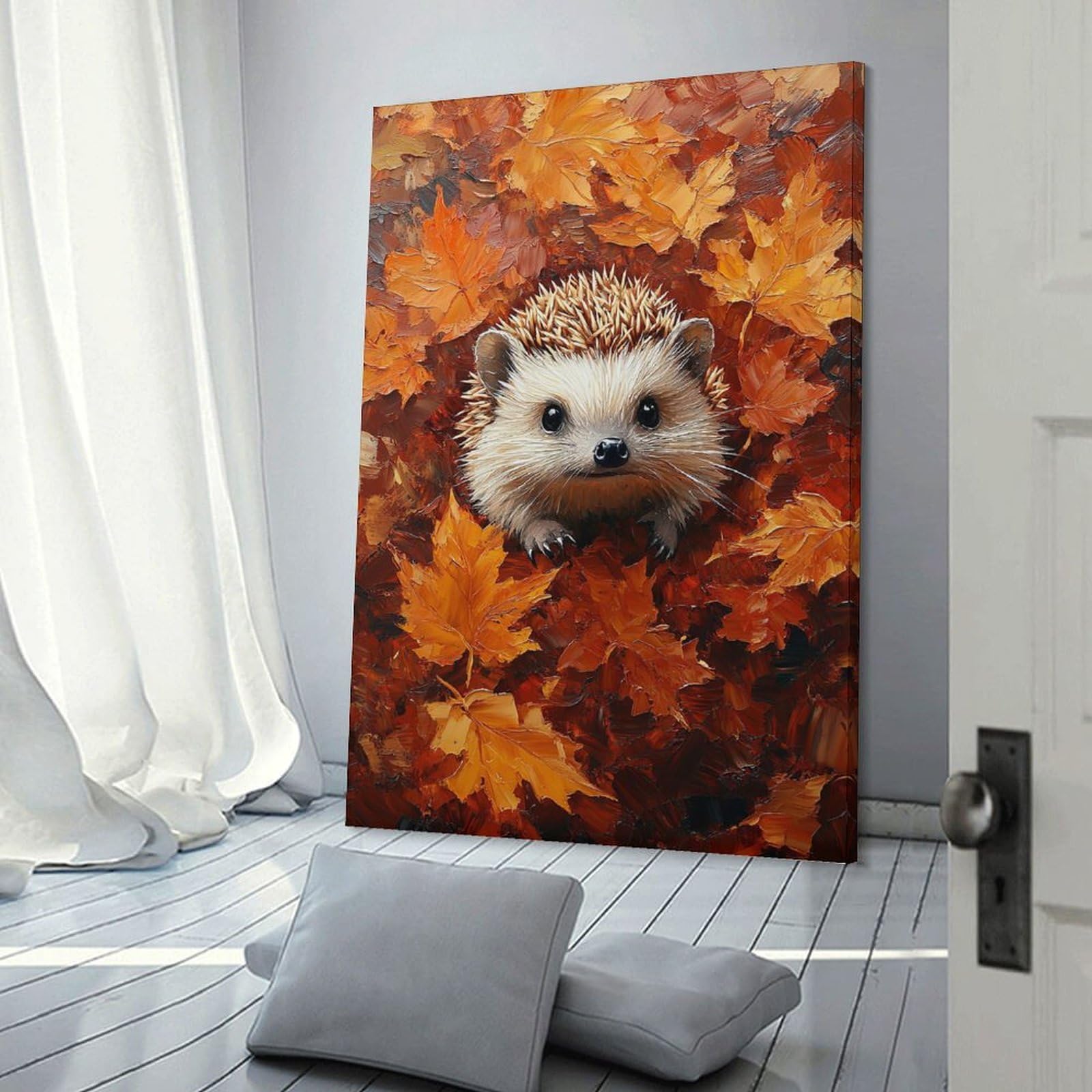 Junmoney Frame-Style-7-1 Hedgehog In Autumn Leaves Canvas Art Print 16X24inch(40X60cm), For Feature Walls In Flats Or Modern Rooms, Ideal For Building A Coordinated Art Wall