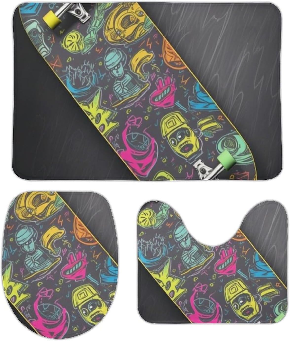 Anti-Skid Floor Mats 3 Piece Set,Graffiti Skateboard Printed Coral Fleece Bathroom Mats U-Shaped Contour Mat Toilet Seat Cover for Bathroom, Tub, Shower, Kitchen 19.7"x31.5"