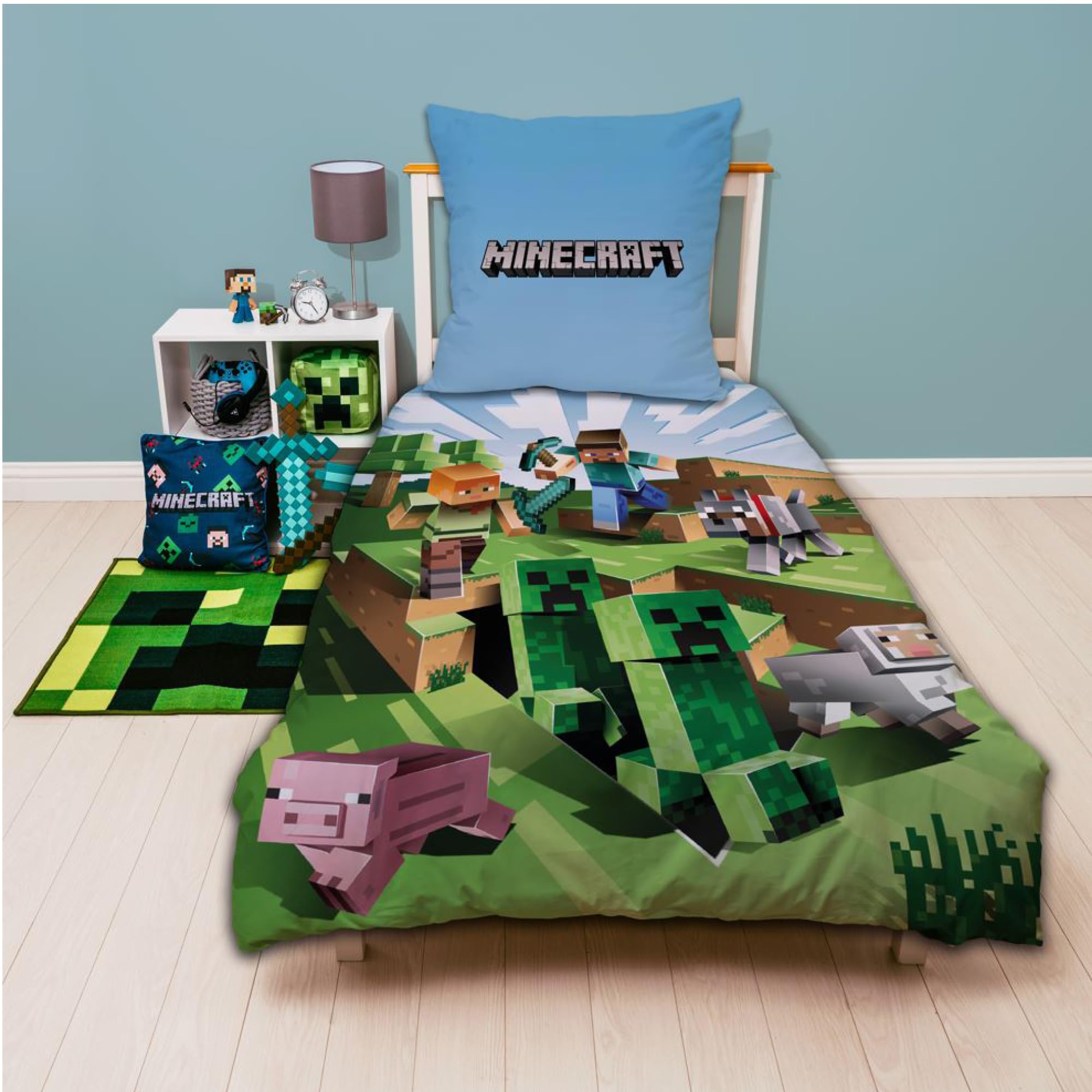 Character World Wende Bettwäsche-Set Minecraft, 135x200cm + 80x80cm, 100% Baumwolle, grün Motiv Craft Blöcke TNT und Spitzhacke Battle, Mehrfarbig