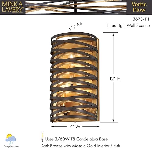 Miniatura 4 de Minka Lavery Unique Wall Sconce Lighting 3673-111 - Lámpara de pared de flujo vórtico, 3 luces, 180 vatios, bronce oscuro