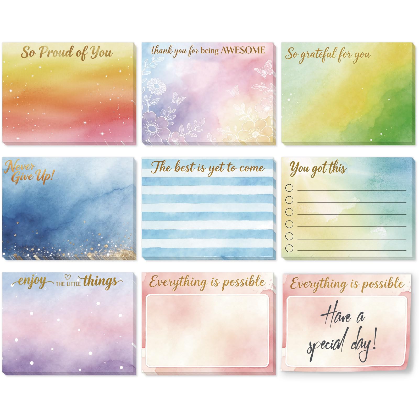 GLOBLELAND 8 Pads 400 Sheets Watercolor Encouragement Sticky Notes Set 4x3 inch Appreciation Self-Adhesive Memo Pads Post it Notes for Journaling Office Meeting Planners Craft Lovers