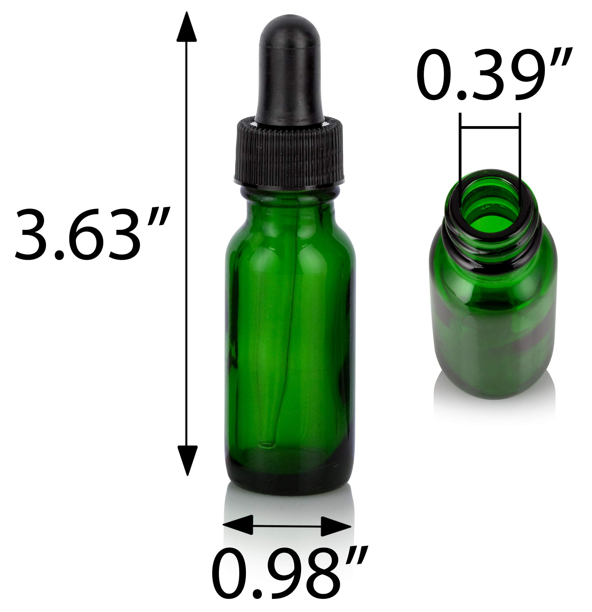 JUVITUS Green Glass Boston Round Bottle 0.5 oz / 15 ml with Black Dropper (6 pack) + Funnel