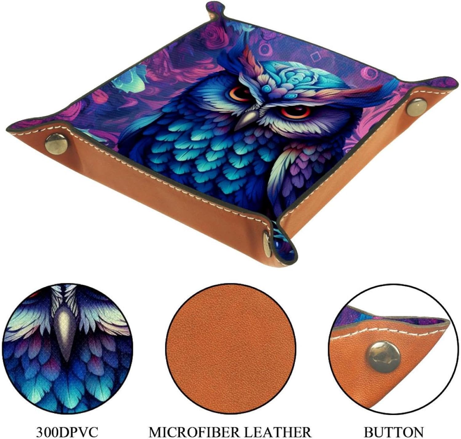 Portable Folding Dice Rolling Tray for RPG DND Table Games - PU Leather Dice Holder Storage Box, Neon Owl