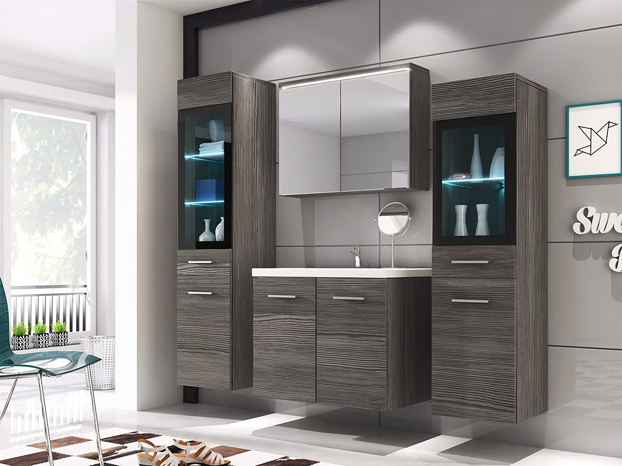 Udine II - Set di mobili da bagno con lavabo e sifone, bagno moderno, completo, con specchio, mobiletto per lavabo, armadietto alto, senza illuminazione, Bodega