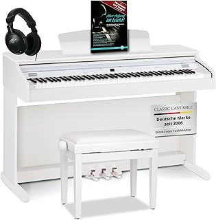 Classic Cantabile DP-50 E-Piano - Digital Piano 88 Tasten mit Hammermechanik, 14 Voices, Kopfhöreranschlüsse, USB, 3 Pedale, Notenhalter - perfekt geeignet für Anfänger (Weiß matt, Set mit Zubehör)