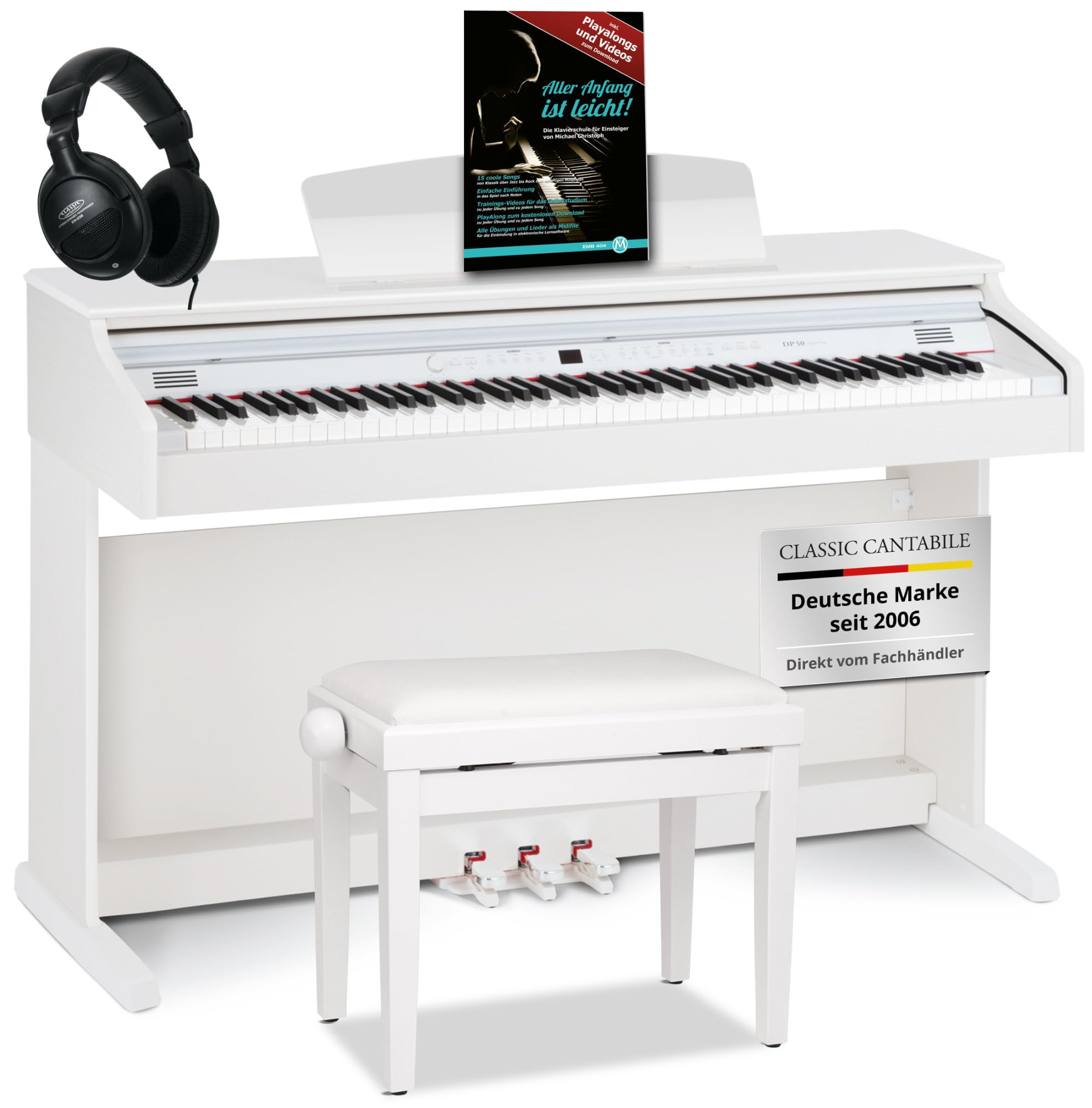 Classic Cantabile DP-50 E-Piano - Digital Piano 88 Tasten mit Hammermechanik, 14 Voices, Kopfhöreranschlüsse, USB, 3 Pedale, Notenhalter - perfekt geeignet für Anfänger (Weiß matt, Set mit Zubehör)