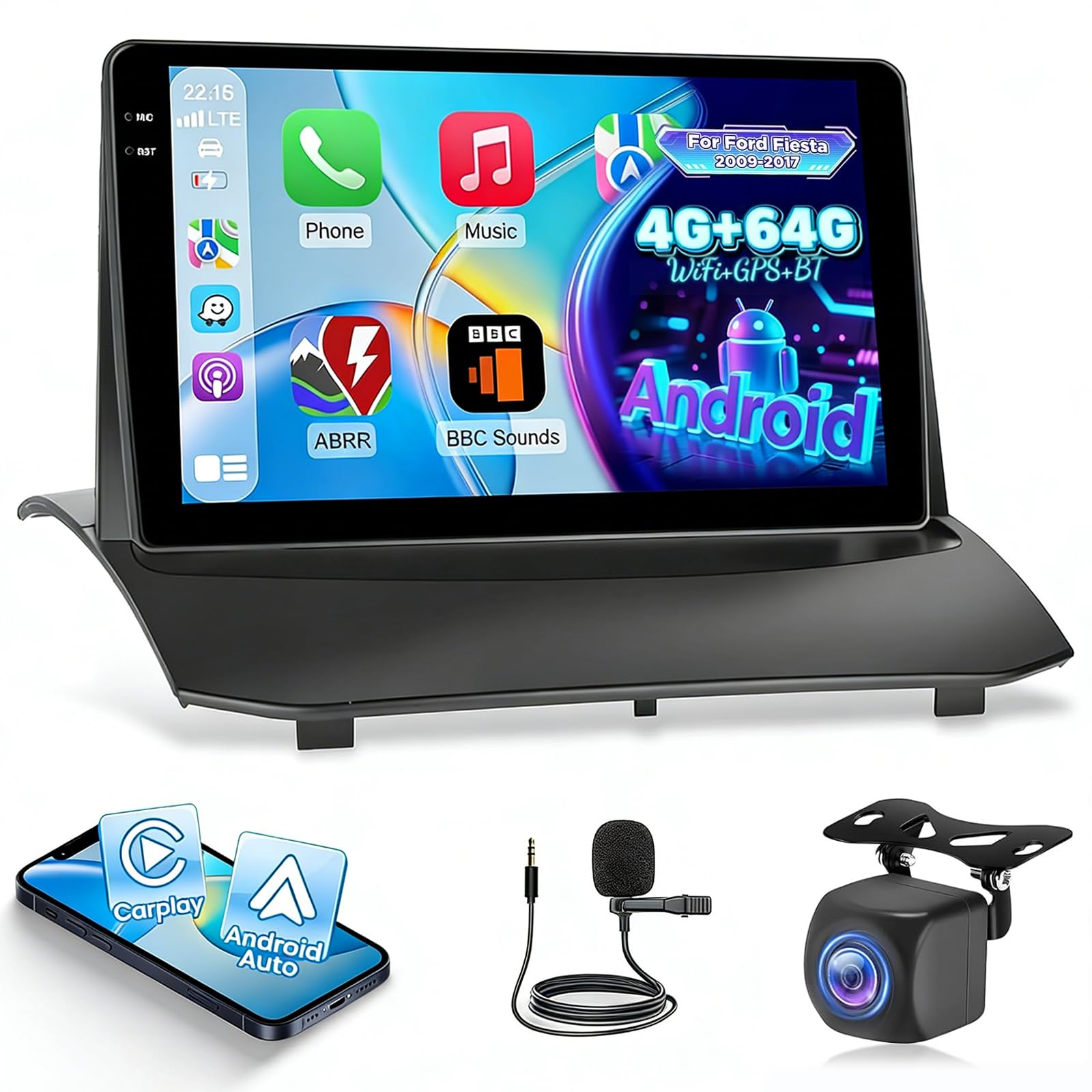 NHOPEEW 4+64G Android Autoradio per Ford Fiesta 2009-2017 con Wireless Carplay e Android Auto - Schermo incell da 9 pollici Supporto WiFi GPS Comandi al volante + Telecamera di retromarcia