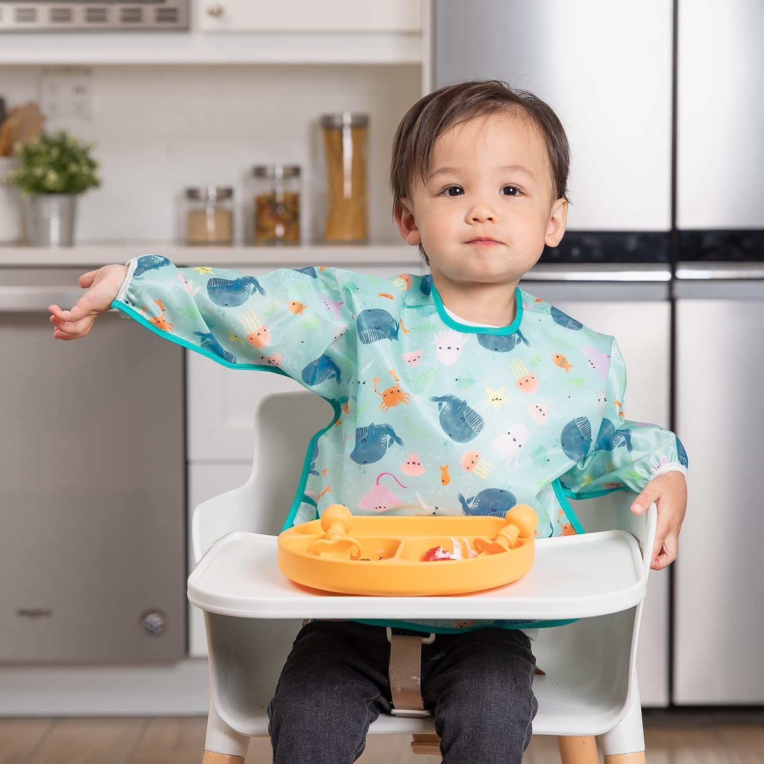 Bumkins Sleeved Bib, Handy Tie Closure for Custom Fit Catch-All Pocket, Baby-Led Weaning, Waterproof, Machine Washable - Image 4